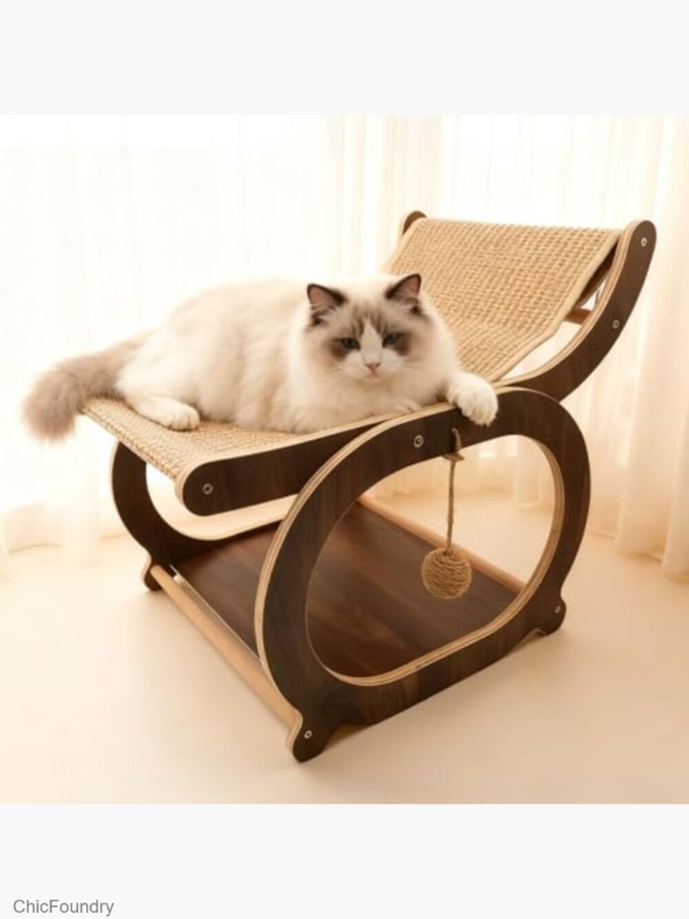 Sisal Cat Scratcher Chair, Elevated Cat Lounge Bed for Indoor Cats, Wooden Pet - Picture 3 of 6